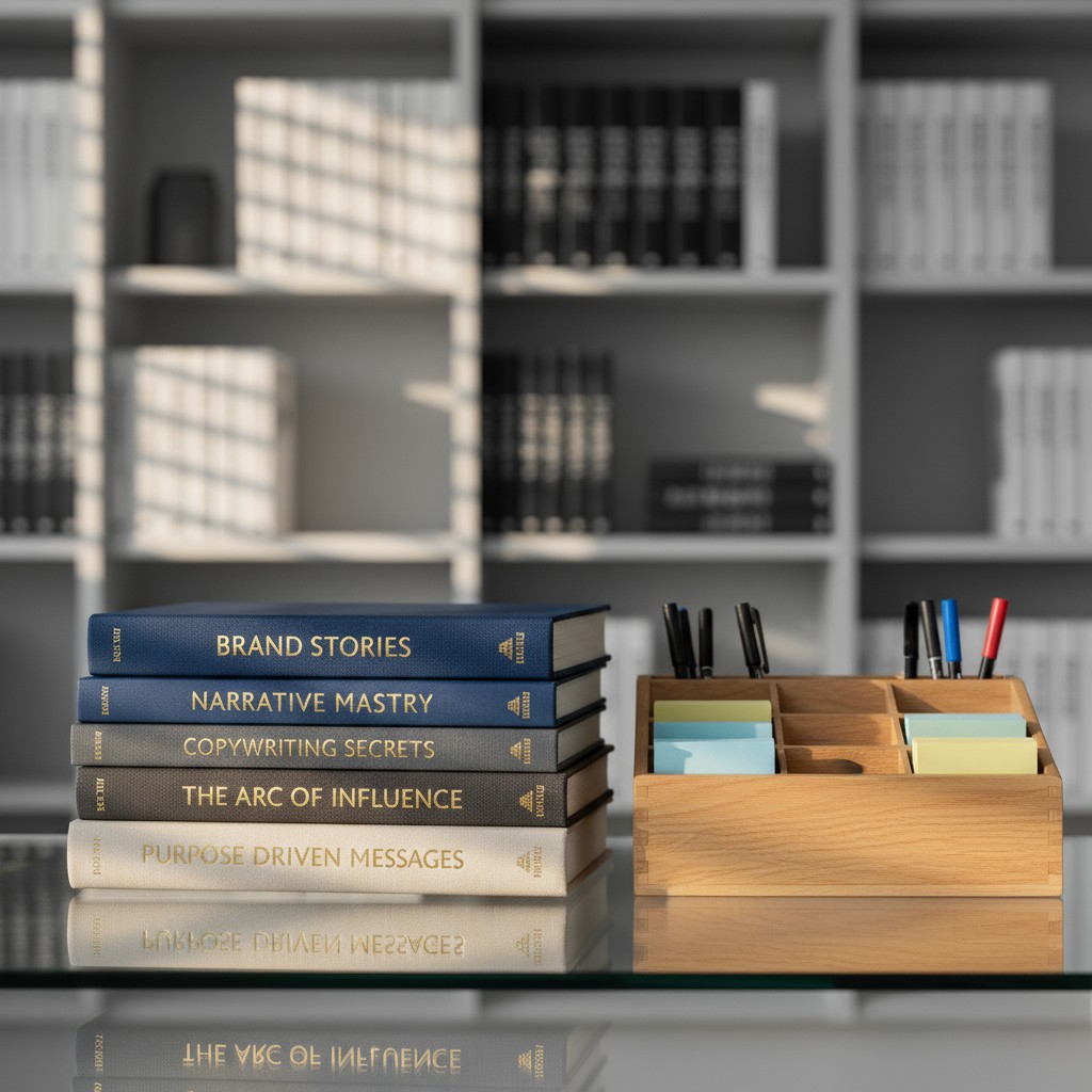 „Namenboek met boeken, pistoolset en een glazen tafel."