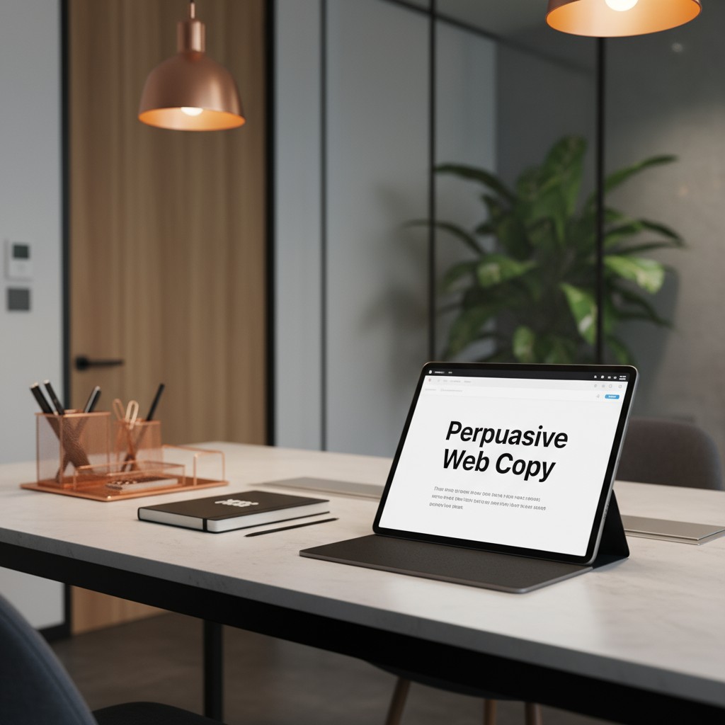 Desk met tablet met 'Perpuasive Web Copy' op het scherm.
