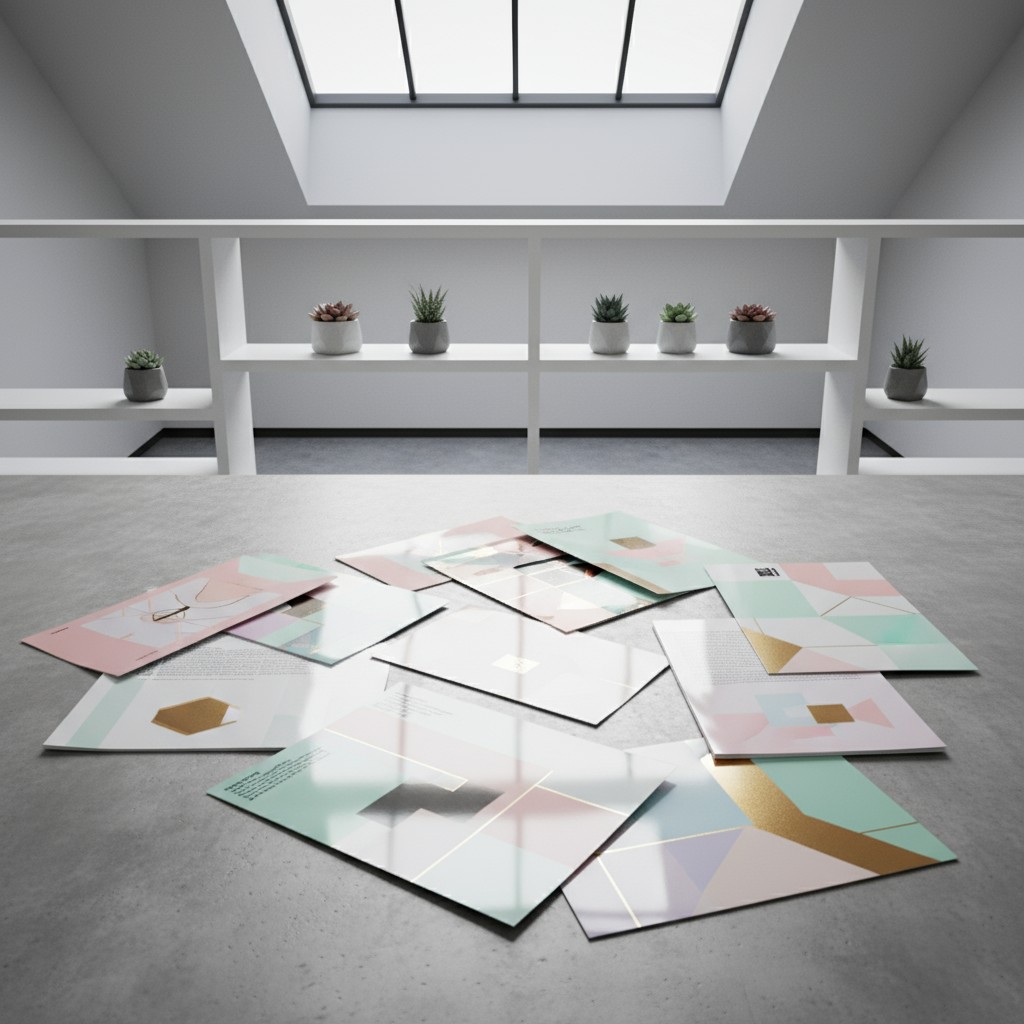 View van een kamer met meubels en een aantal geplaatste dingen. Een lage schalk met 5 potten, in het midden liggen een aan...